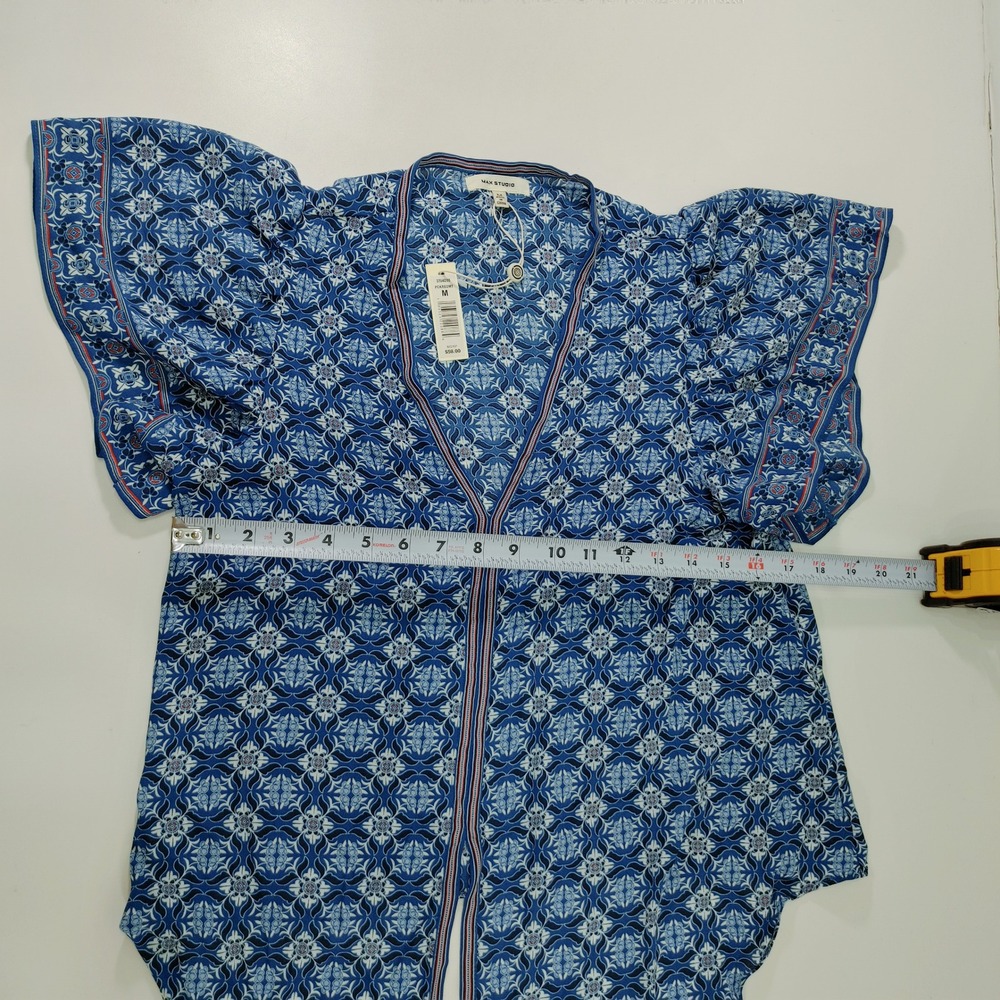 Max Studio Blouse Tie Front Blue‎ Patterned Ruffle Sleeve Size M Pull Over - Picture 5 of 9
